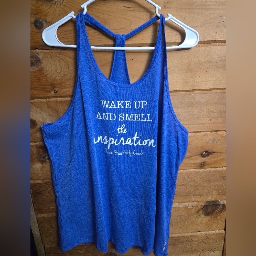 Beachbody Blue Racerback Tank with White Motivational Print